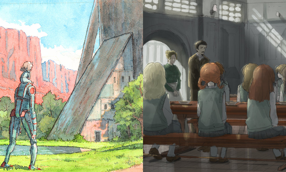 Arte conceptual para Eden de Netflix Anime (izquierda) y proyecto sin título de cuentos de hadas de Grimm de CLAMP.