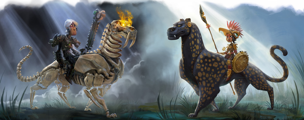 Concept art of Zatz and Maya on their respective mounts, Maya and the Three.