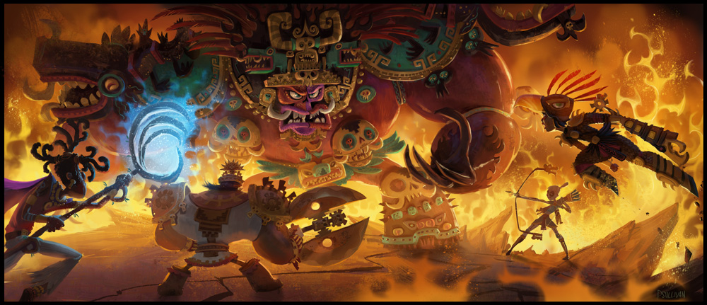 Full-color rough shot of Lord Mictlan battling Maya and her companions.