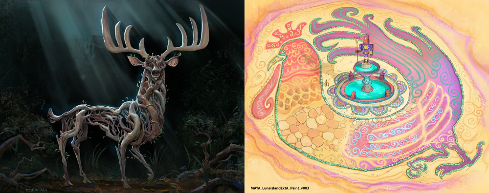 Concept paintings of an enchanted forest deer (left) and a painted plaza detail from "Luna Island," a key location in Maya and the Three.