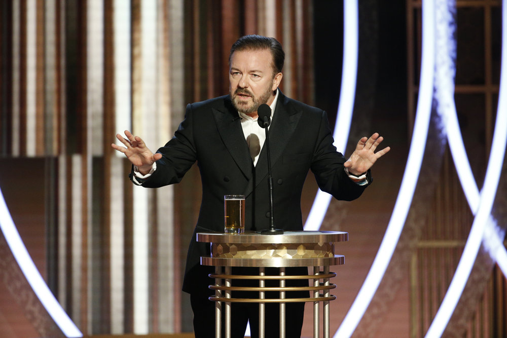 77o PREMIO ANUAL DEL GLOBO DE ORO - En la foto: Ricky Gervais en la 77a Entrega Anual de los Globos de Oro celebrada en el Hotel Beverly Hilton el 5 de enero de 2020 - (Foto por: Paul Drinkwater / NBC)
