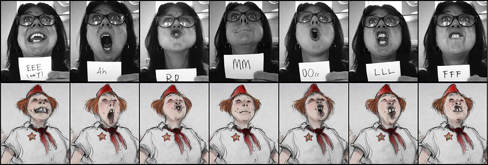 El proceso de sincronización de labios de Joanna Quinn, fotocopiando su rostro para los movimientos de los labios en secuencia.  (Beryl Productions International y NFB)