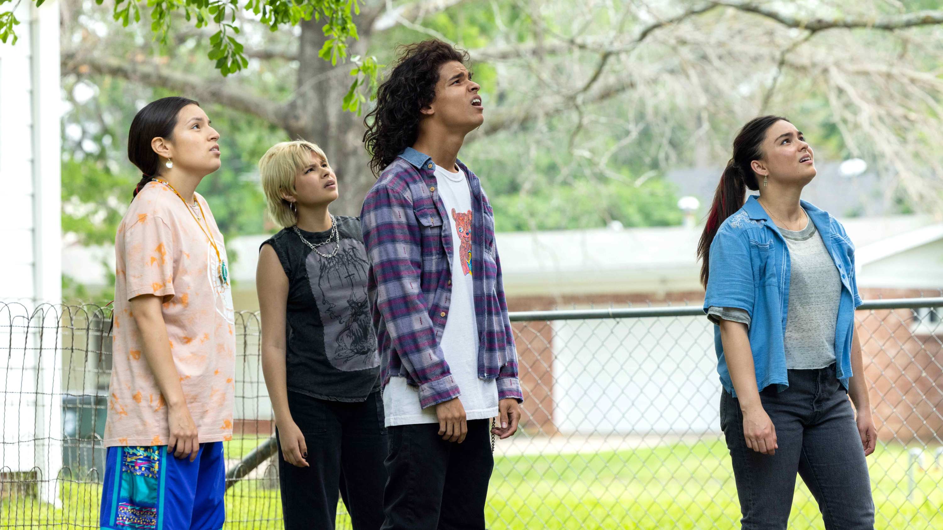 RESERVATION DOGS -- “Stay Gold Cheesy Boy” --  Season 2, Episode 7 (Airs September 7) — Pictured: (l-r) Paulina Alexis as Willie Jack, Elva Guerra as Jackie, D’Pharaoh Woo-A-Tai as Bear, Devery Jacobs as Elora Danan.  CR: Shane Brown/FX